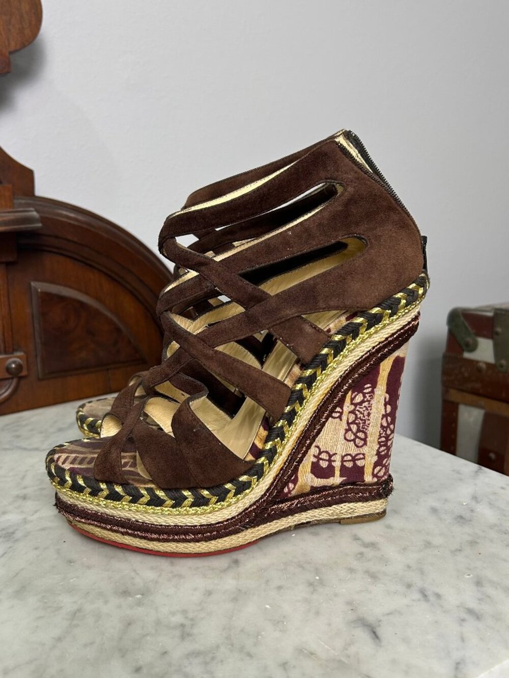 Christian Louboutin Tosca 140 Brown Suede Tie-Dye Wedge size 36